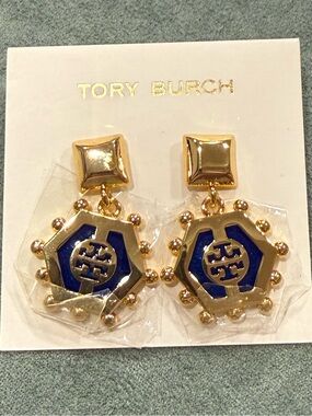 Tory Burch | Gold-Plated Logo Earrings with Navy Enamel & Gold Pearl Accents
